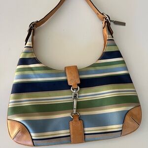 Navy Blue and Olive Green Striped Coach Hobo Shoulder Bag with Tan Leather Trim